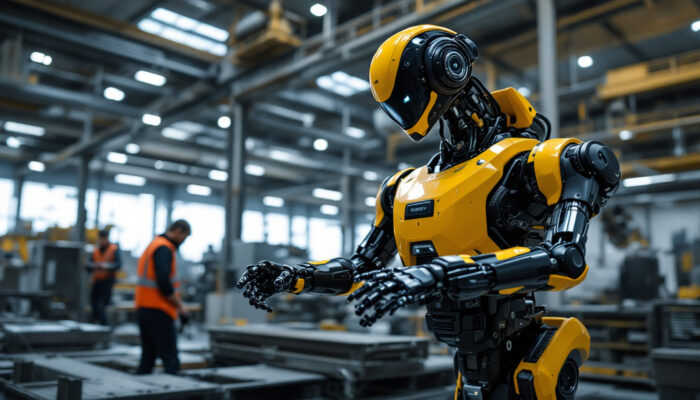 A photograph of a boston dynamics robot in action within an industrial setting