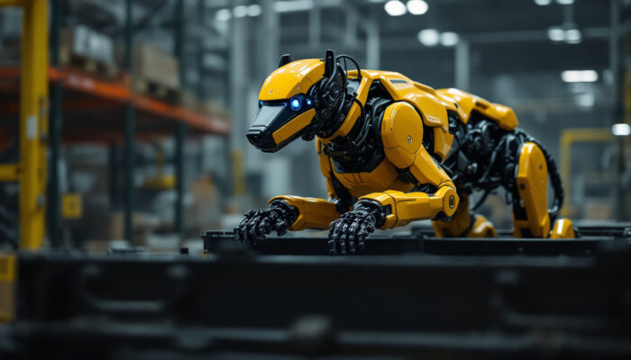 A photograph of capture a photograph of boston dynamics' robotic dog in an industrial setting