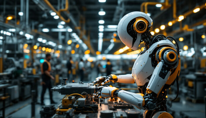 A photograph of a sleek industrial robot in action within a manufacturing facility