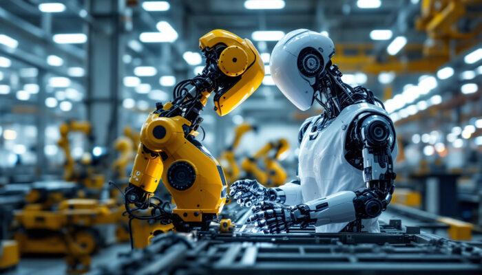 A photograph of a sleek industrial robot in action on a factory floor