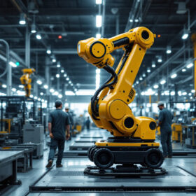 A photograph of a mobile industrial robot in action within a modern manufacturing facility