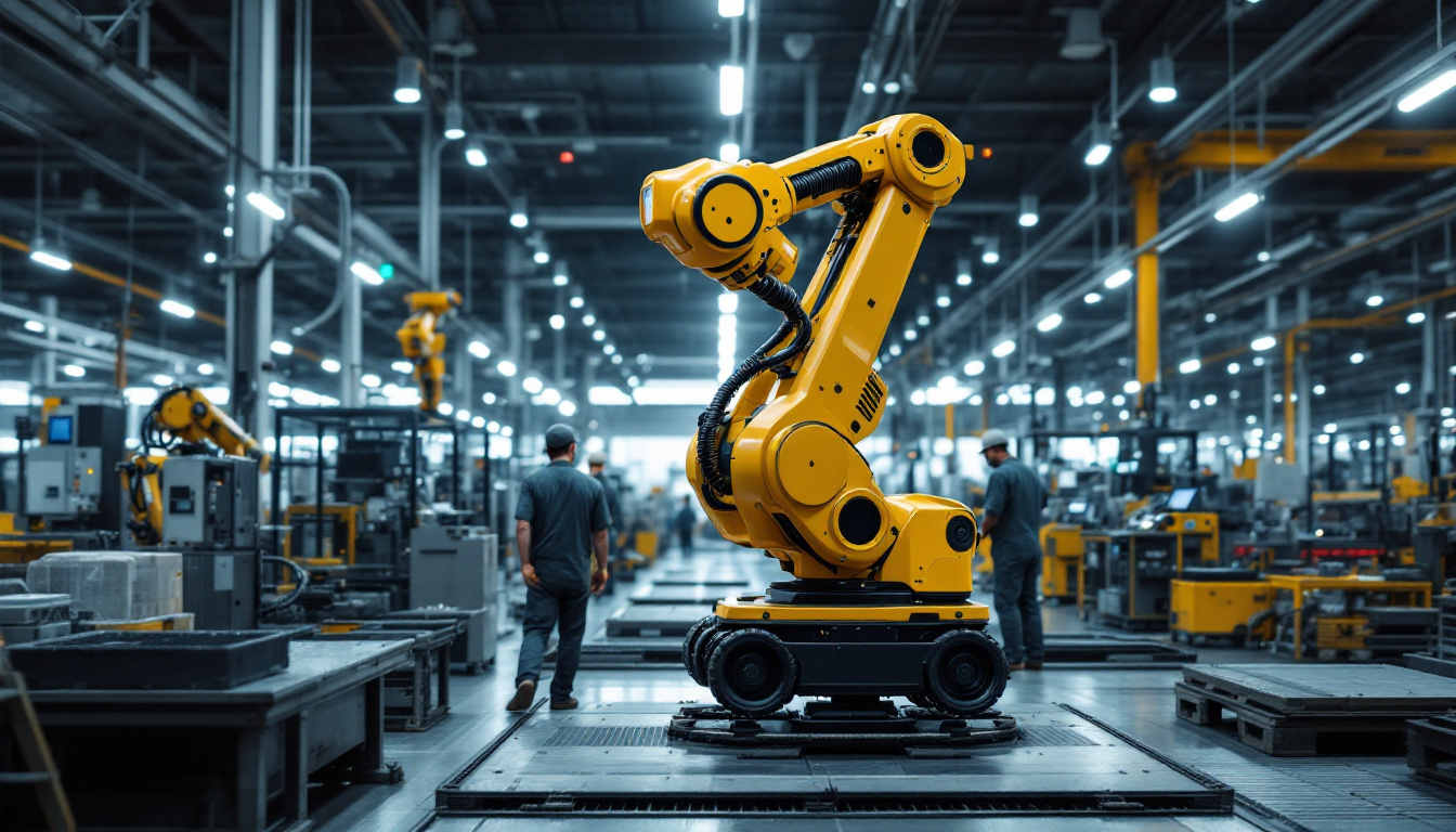 A photograph of a mobile industrial robot in action within a modern manufacturing facility