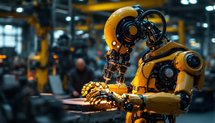A photograph of a modern industrial robot in action within a manufacturing facility