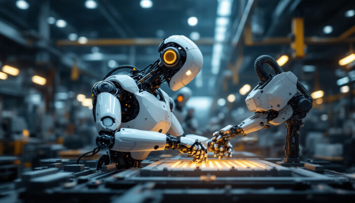 A photograph of a sleek industrial robot in action within a manufacturing environment