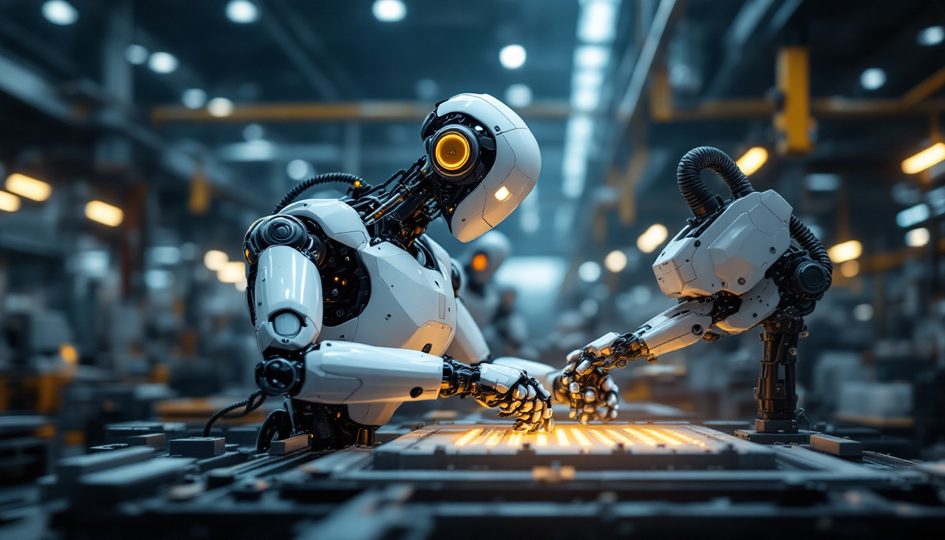 A photograph of a sleek industrial robot in action within a manufacturing environment