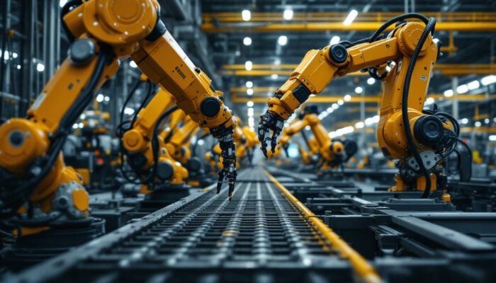 A photograph of a dynamic industrial setting showcasing a variety of robotic arms in action
