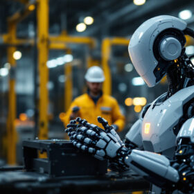 A photograph of a modern industrial robot in action within a manufacturing environment