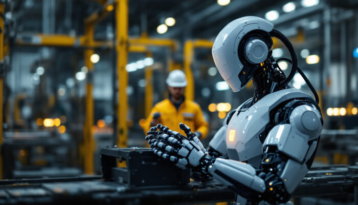 A photograph of a modern industrial robot in action within a manufacturing environment