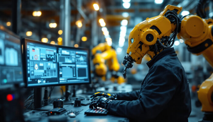 A photograph of a skilled technician programming a modern industrial robot in a high-tech manufacturing environment