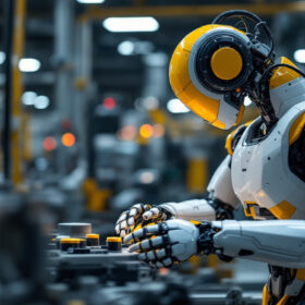 A photograph of a modern industrial robot in action within a manufacturing environment