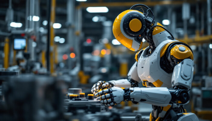 A photograph of a modern industrial robot in action within a manufacturing environment