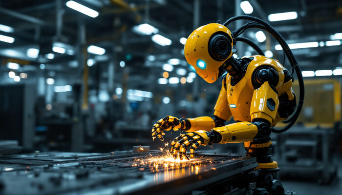 A photograph of a modern industrial robot in action on a factory floor