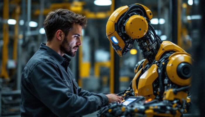 A photograph of a skilled technician programming an industrial robot in a modern manufacturing environment