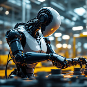 A photograph of a sleek industrial robot in action