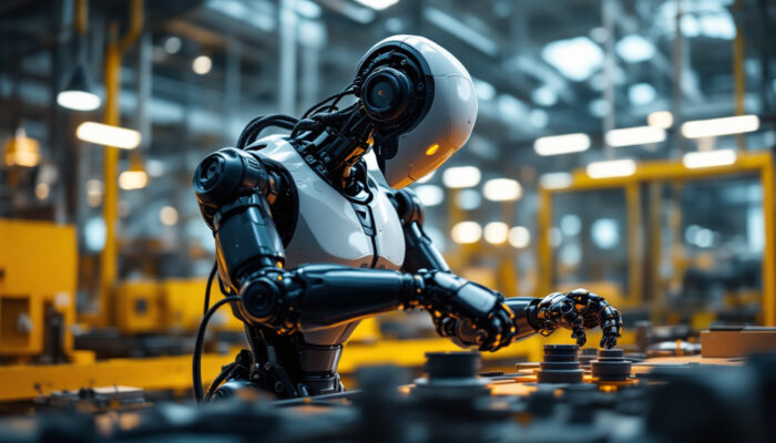 A photograph of a sleek industrial robot in action