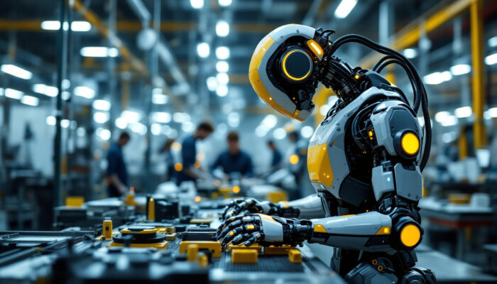 A photograph of a modern industrial robot in action on a factory floor