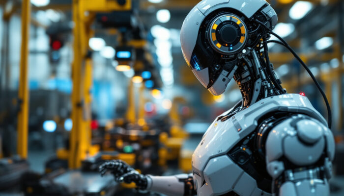 A photograph of a modern industrial robot in action within a manufacturing environment