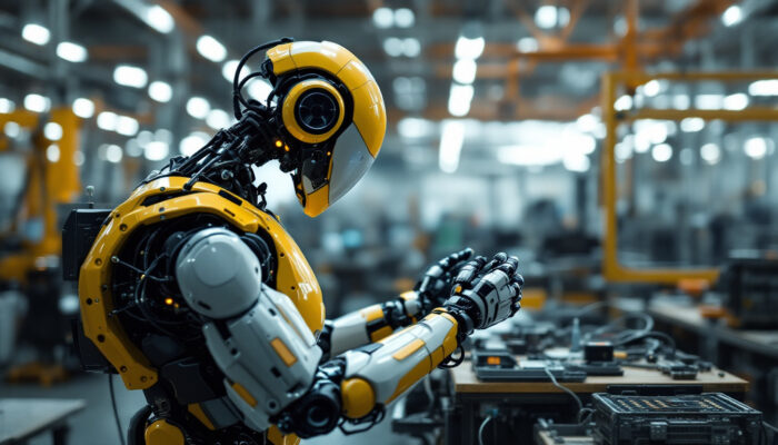 A photograph of a cutting-edge industrial robot in action on a factory floor