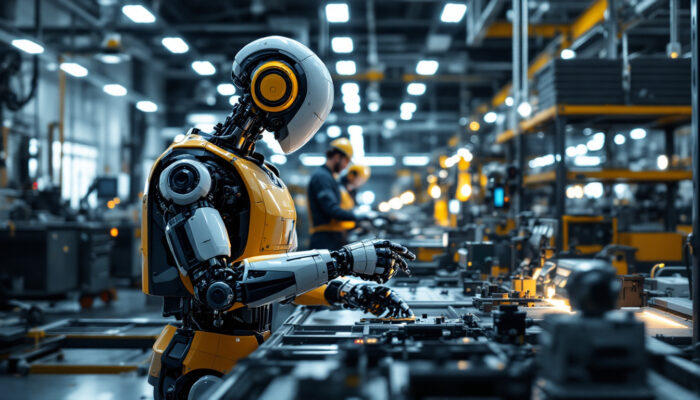A photograph of a modern industrial robot in action within a manufacturing facility