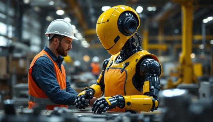 A photograph of capture a photograph of the pepper robot interacting with workers in an industrial setting