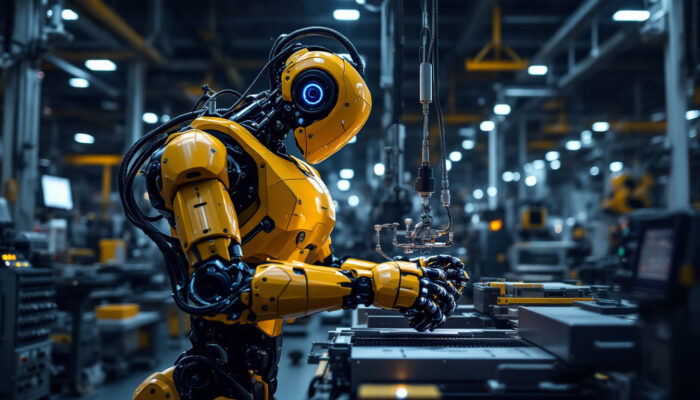A photograph of a modern industrial robot in action on a factory floor