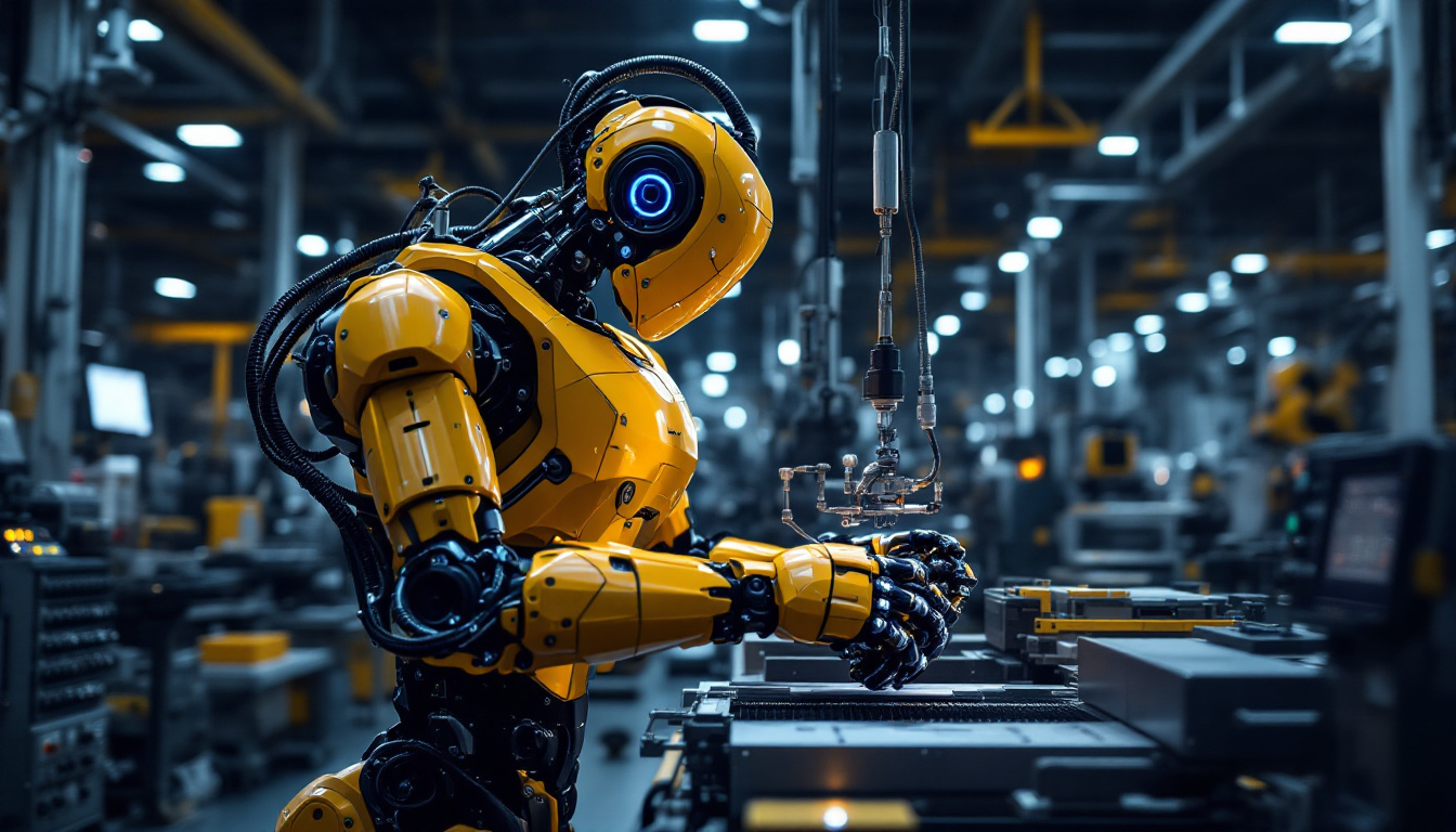 A photograph of a modern industrial robot in action on a factory floor