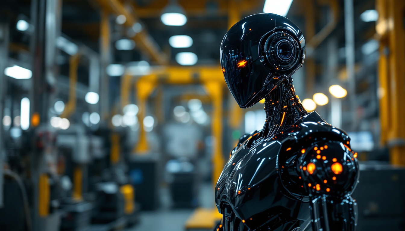 A photograph of a sleek tesla robot in an industrial setting