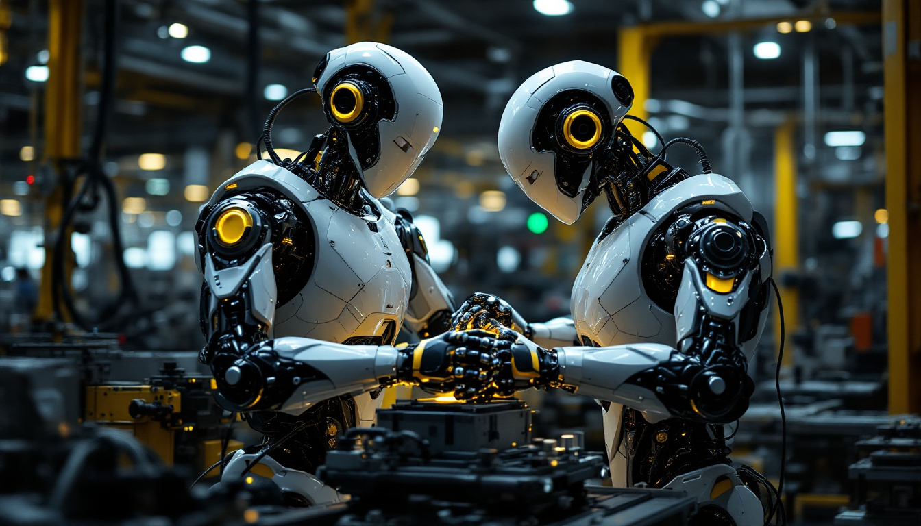 A photograph of a sleek industrial robot in action within a manufacturing environment