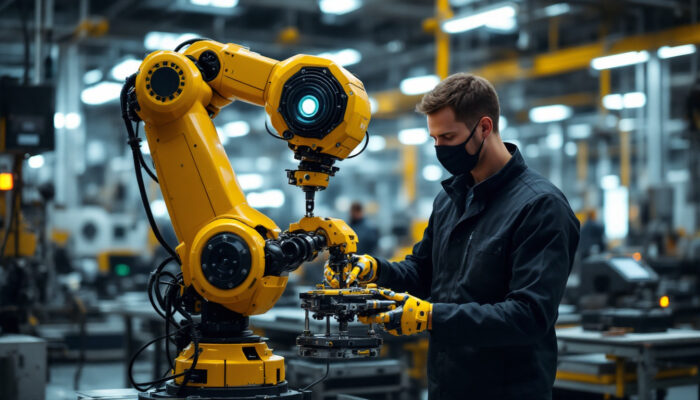 A photograph of a collaborative industrial robot working alongside a human operator in a modern manufacturing environment