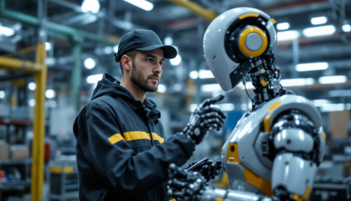 A photograph of a skilled technician programming a sleek industrial robot in a modern manufacturing facility