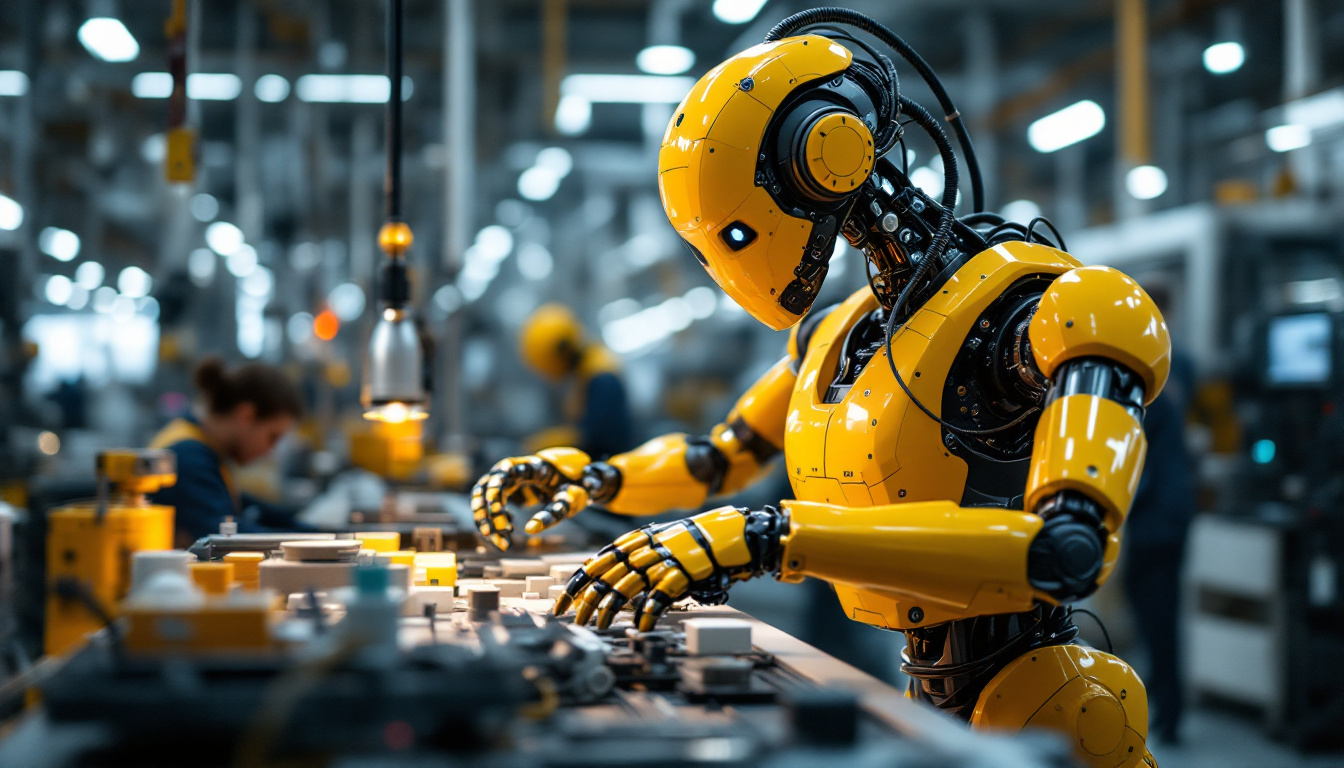 A photograph of a modern industrial robot in action on a factory floor