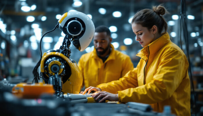 A photograph of capture a photograph of a collaborative robot (co-robot) working alongside human workers in an industrial setting