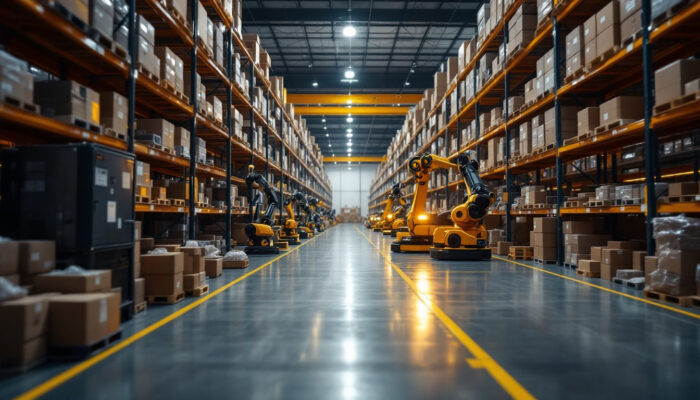 A photograph of a dynamic industrial warehouse setting featuring a variety of robotic systems in action
