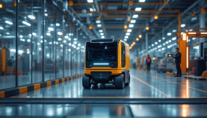 A photograph of capture a photograph of an automated guided vehicle (agv) in action within an industrial setting