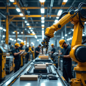 A photograph of a dynamic industrial environment showcasing a robotic arm efficiently handling materials