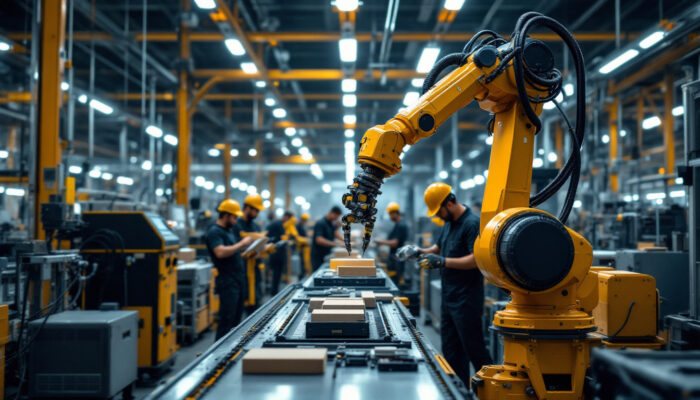 A photograph of a dynamic industrial environment showcasing a robotic arm efficiently handling materials