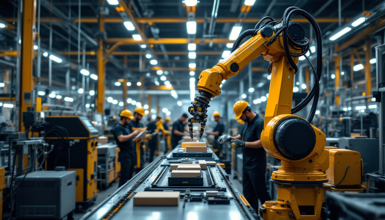 A photograph of a dynamic industrial environment showcasing a robotic arm efficiently handling materials