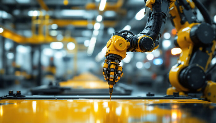 A photograph of a sleek industrial robotic arm in action