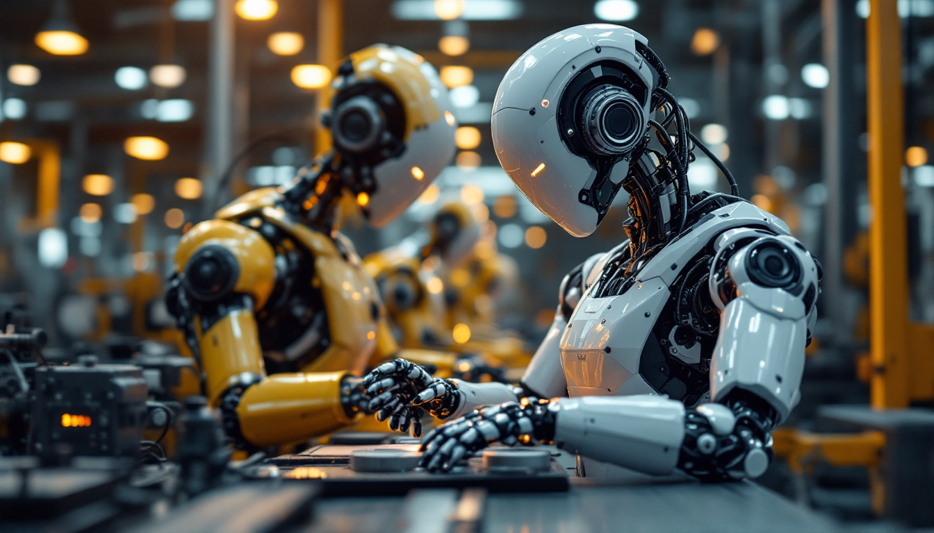 A photograph of a sleek industrial robot in action on a factory floor