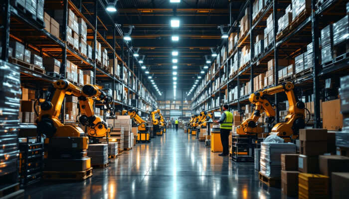 A photograph of a bustling warehouse environment showcasing advanced robotic systems in action