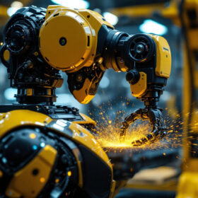 A photograph of a sleek industrial robot in action