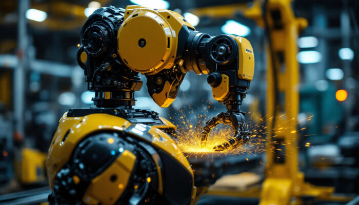 A photograph of a sleek industrial robot in action