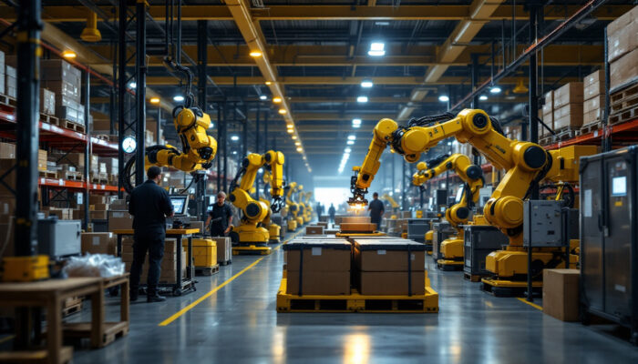 A photograph of a bustling warehouse environment showcasing advanced industrial robots in action