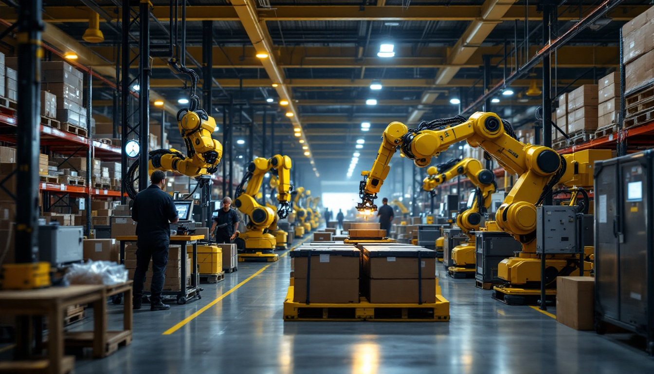 A photograph of a bustling warehouse environment showcasing advanced industrial robots in action