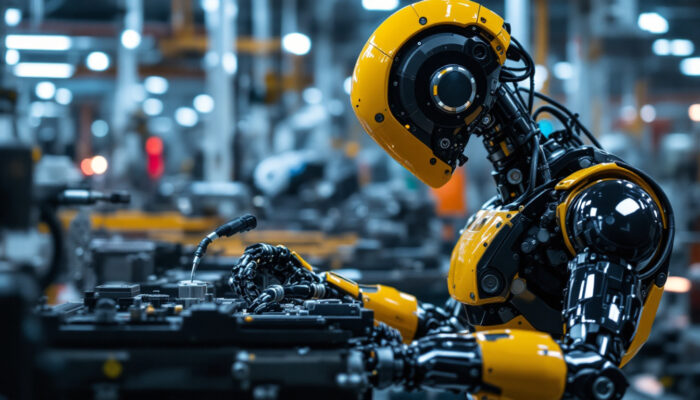 A photograph of a sleek and modern industrial robot in action within a manufacturing environment