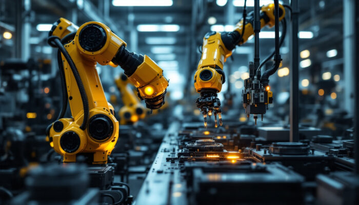 A photograph of a sleek industrial robotic arm in action within a modern manufacturing environment