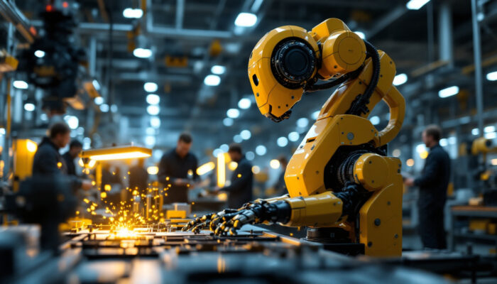 A photograph of a sleek industrial robot in action within a modern manufacturing facility