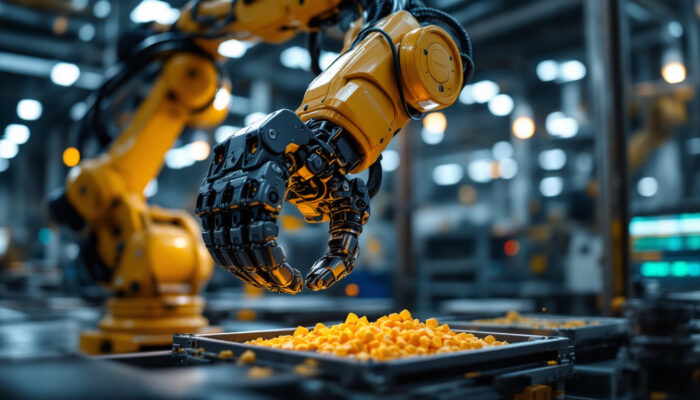 A photograph of a sleek industrial robotic arm in action