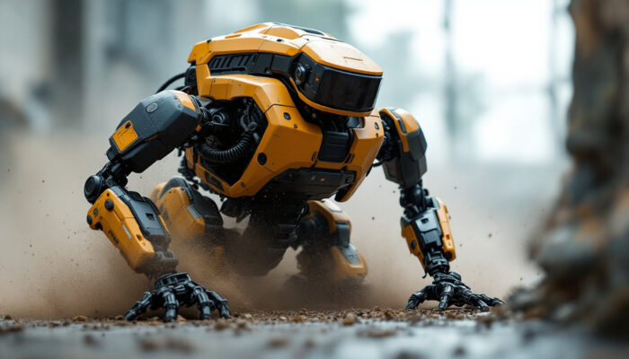 A photograph of a military robot in action