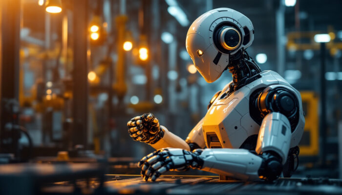 A photograph of a modern industrial robot in action within a manufacturing environment